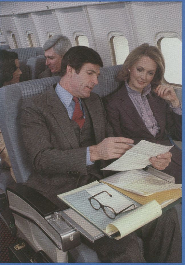1982 The Clipper Class cabin of a Pan Am L1011-500.  The L1011 fleet only flew with Pan Am from 1980 to 1986.  Six went to United Airlines as part of the Pacific route sale.  Another six were sold to Delta Airlines.  United would late sell the six L1011s to Delta.
